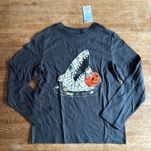Cat and Jack Halloween shirt with shark and pumpkin bucket, long sleeve.